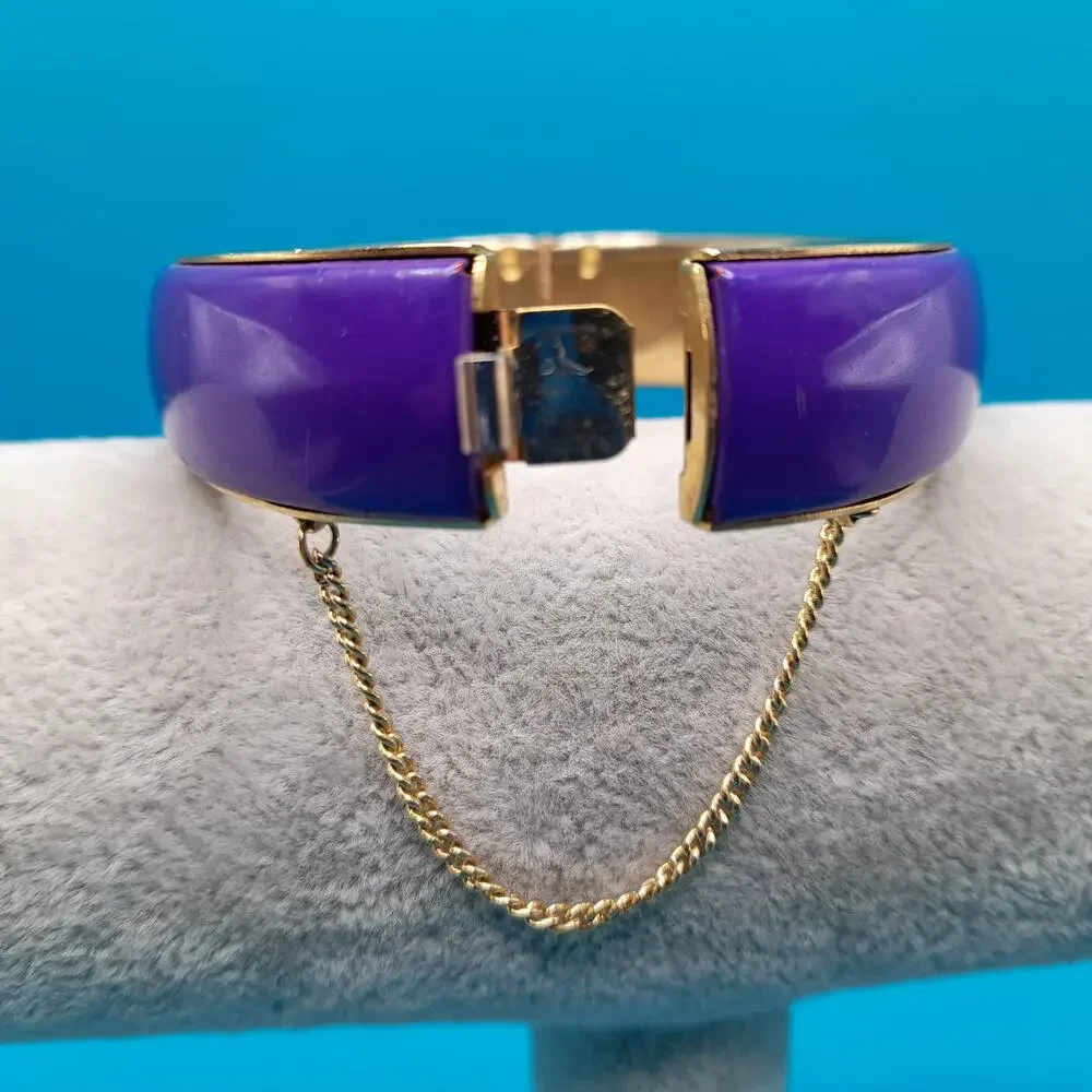 Vintage Purple Hinged Bracelet, Gold Tone, Safety Chain
